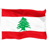 Lebanese flag in printed polyester: red and white with a green cedar; white header strip with metal eyelets at left