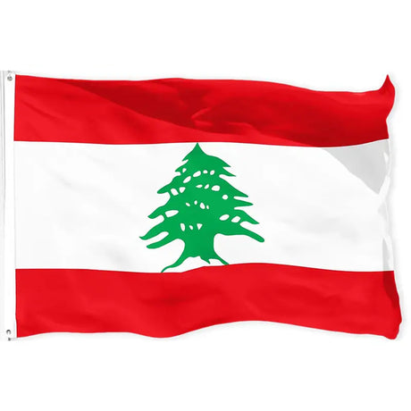 Lebanese flag in printed polyester: red and white with a green cedar; white header strip with metal eyelets at left