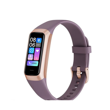 LIGE C60 fitness band in Deep Purple: dusky plum silicone strap with a rose-gold frame and buckle