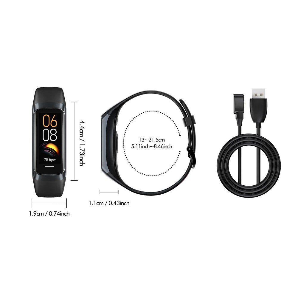 LIGE C60 size drawing: 44 mm long, 19 mm wide, 11 mm thick, fits 130 to 215 mm wrists, with the magnetic charging cable