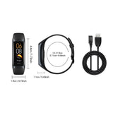 LIGE C60 size drawing: 44 mm long, 19 mm wide, 11 mm thick, fits 130 to 215 mm wrists, with the magnetic charging cable