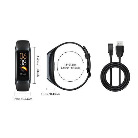 LIGE C60 size drawing: 44 mm long, 19 mm wide, 11 mm thick, fits 130 to 215 mm wrists, with the magnetic charging cable