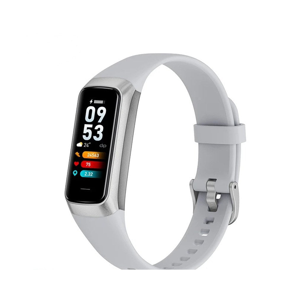 LIGE C60 fitness band in Grey: light grey silicone strap with a silver frame and buckle