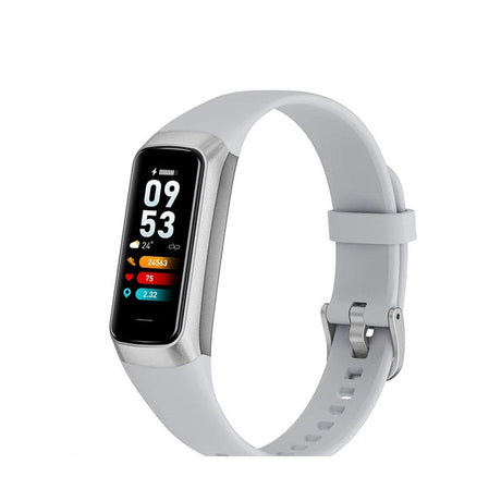 LIGE C60 fitness band in Grey: light grey silicone strap with a silver frame and buckle