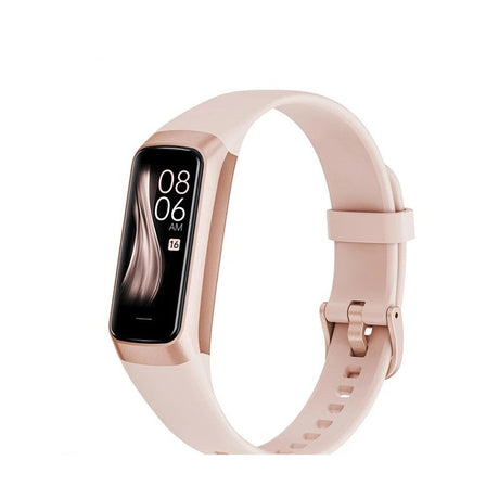 LIGE C60 fitness band in Pink: pale pink silicone strap with a rose-gold frame and buckle