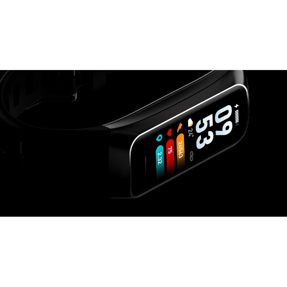 LIGE C60 band seen side-on, showing the slim body and a watch face with steps, heart rate and distance