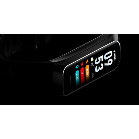 LIGE C60 band seen side-on, showing the slim body and a watch face with steps, heart rate and distance