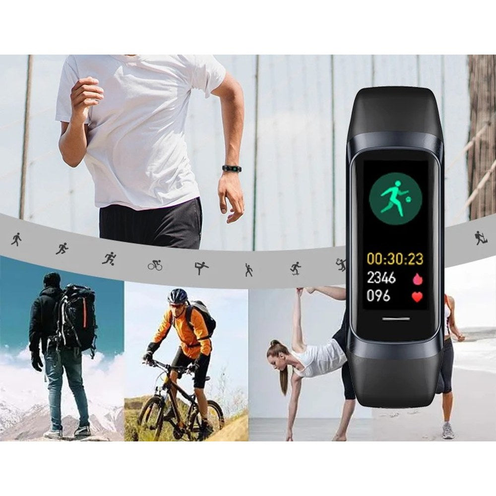 LIGE C60 band showing a sport-mode screen, with walking, cycling, running and yoga scenes behind