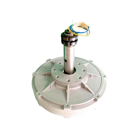 Silver low-RPM permanent magnet generator on a white background, shaft up, with its coloured output leads looped at the top