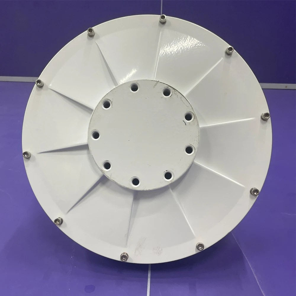 The same style of generator in a white finish, seen face-on with the eight-bolt centre plate