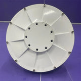 The same style of generator in a white finish, seen face-on with the eight-bolt centre plate
