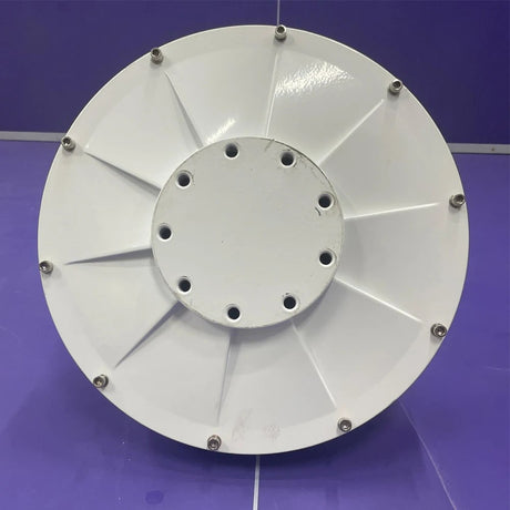 The same style of generator in a white finish, seen face-on with the eight-bolt centre plate