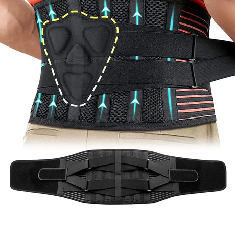 Lumbar support belt worn, showing the removable lumbar pad and back panel construction
