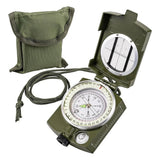 Olive green folding sighting compass open beside its olive fabric carry pouch with fold-over flap, lanyard cord attached