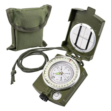 Olive green folding sighting compass open beside its olive fabric carry pouch with fold-over flap, lanyard cord attached