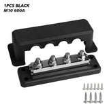 One black four-post M10 600A bus bar with the cover off and ten mounting screws
