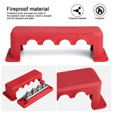 Red bus bar cover from the front and side, with the maker's caption about the cover material