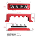 Dimension drawing of the red four-post bus bar showing base, cover and height measurements and the maker's printed ratings