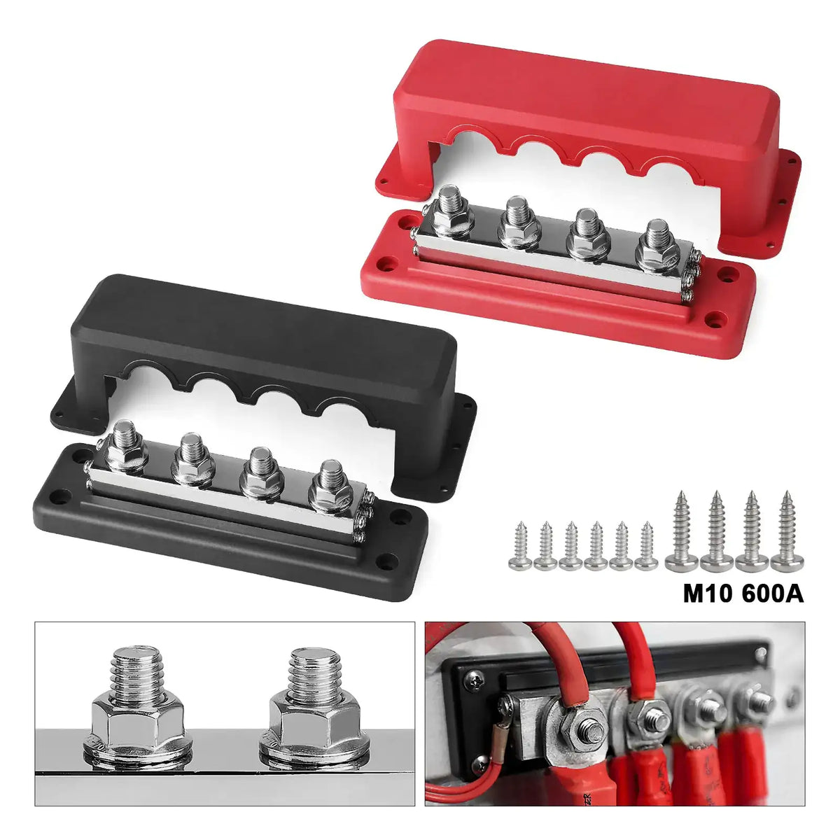 Red and black four-post bus bars with covers off, mounting screws, and close-ups of the studs and cabled lugs