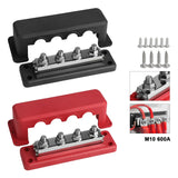 Black and red four-post bus bars with covers off, ten mounting screws, and close-ups of the studs and cabled lugs, marked M10 600A