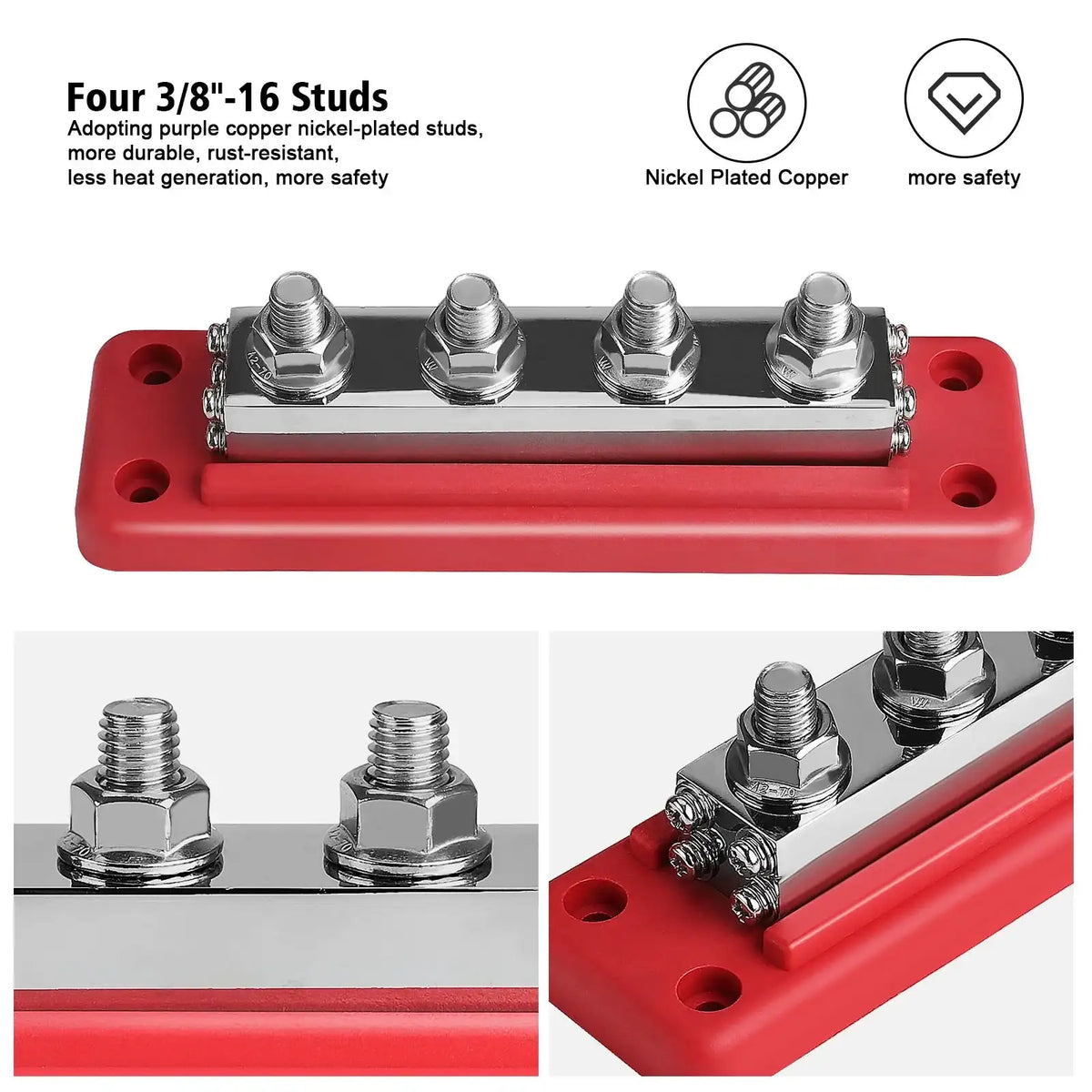 Red four-post bus bar from above with close-ups of the plated studs, captioned four 3/8-16 studs