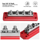 Red four-post bus bar from above with close-ups of the plated studs, captioned four 3/8-16 studs
