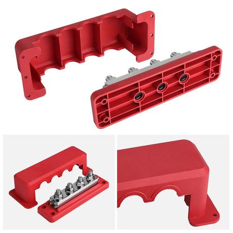 Red bus bar cover from inside and the underside of the base with its mounting holes