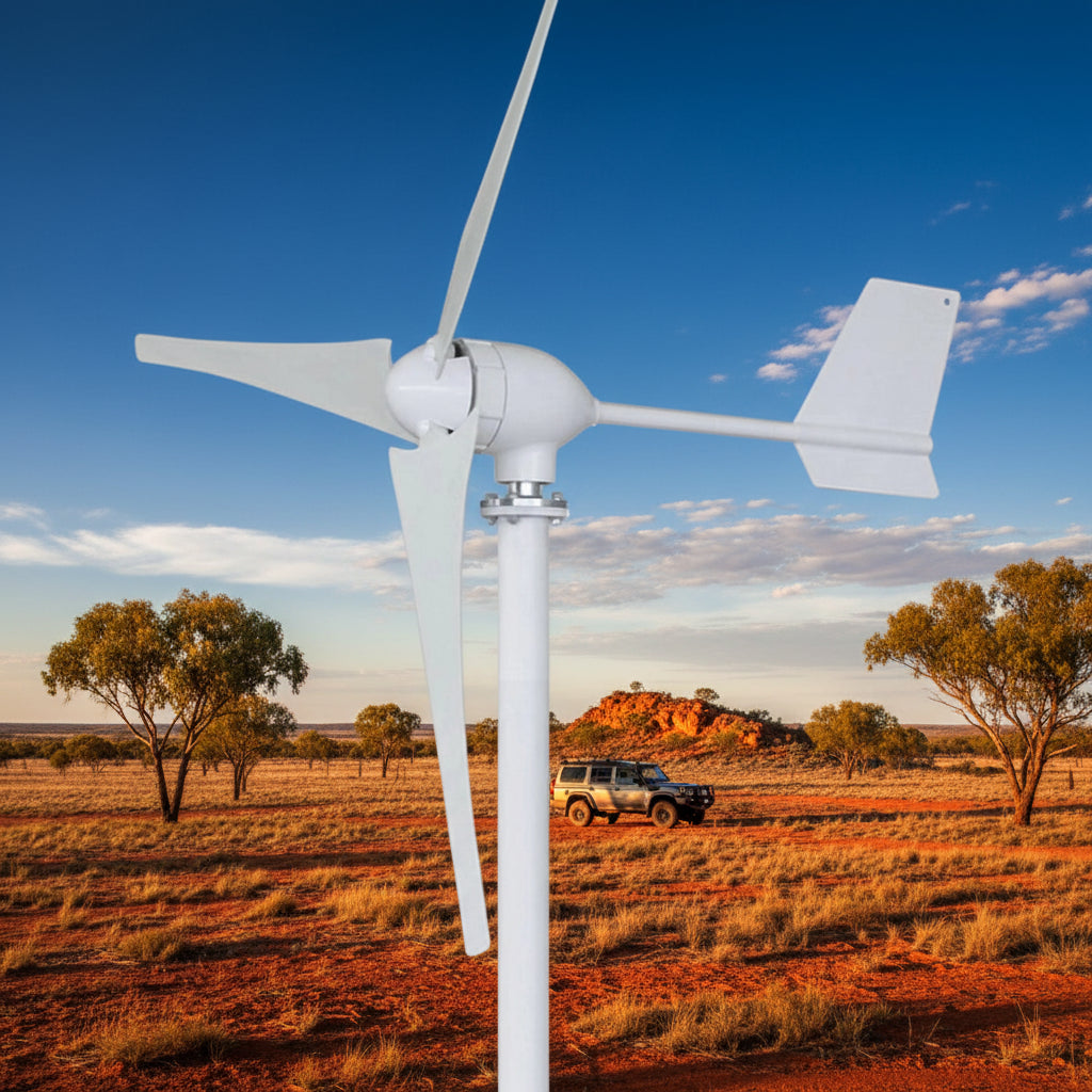 M-series three-blade horizontal turbine with tail fin on a white studio background - representative family photo