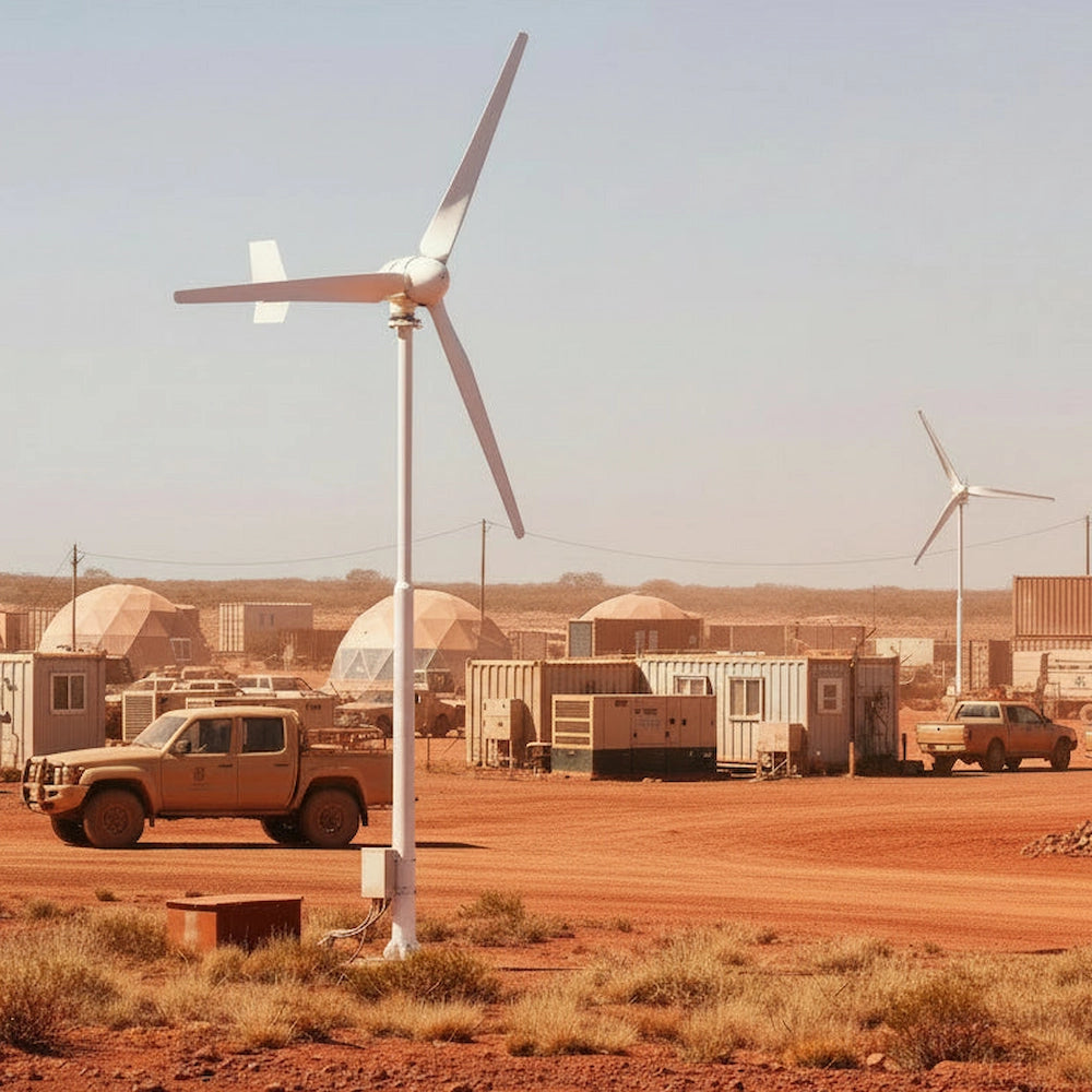 M5-800 turbines powering a remote red-dirt camp - pole mount beside utes, containers and generator sheds