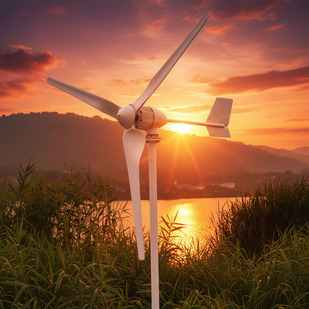 M5-800 turbine at sunset, backlit over a lake with tall grass in the foreground