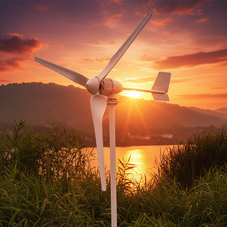 M5-800 turbine at sunset, backlit over a lake with tall grass in the foreground