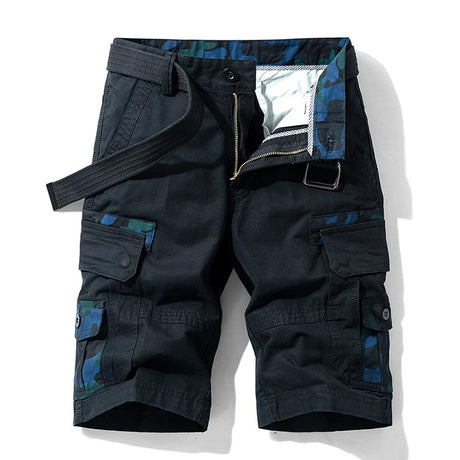 Men's cargo shorts in Black01: black cotton with blue camo pocket facings and fly