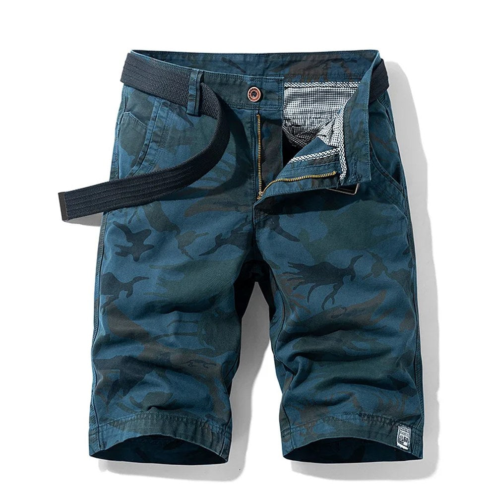 Men's cargo shorts in Blue02: all-over blue camouflage print, laid flat with a webbing belt