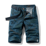 Men's cargo shorts in Blue02: all-over blue camouflage print, laid flat with a webbing belt
