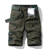 Men's cargo shorts in Green01: olive cotton with dark camo pocket facings and fly