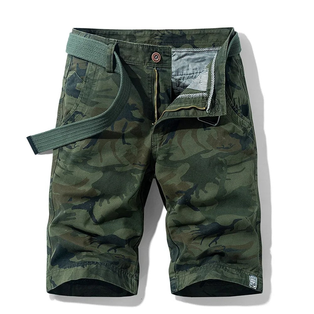 Men's cargo shorts in Green02: all-over green camouflage print, laid flat with a webbing belt