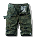 Men's cargo shorts in Green02: all-over green camouflage print, laid flat with a webbing belt