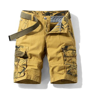Men's cargo shorts in Khaki: mustard-tan cotton with camo pocket facings and fly, laid flat with a webbing belt