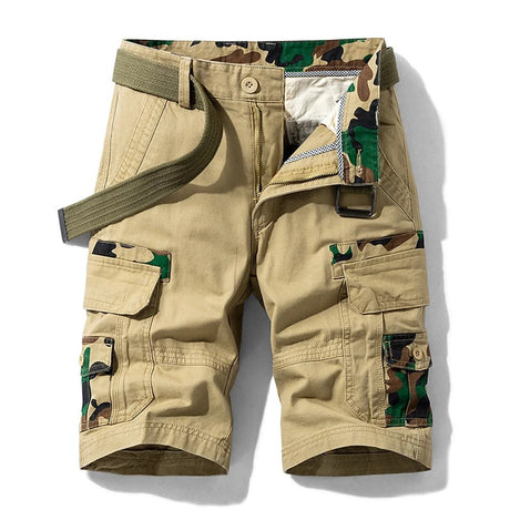 Men's cargo shorts in Khaki01: light sand cotton with green woodland camo pocket facings and fly