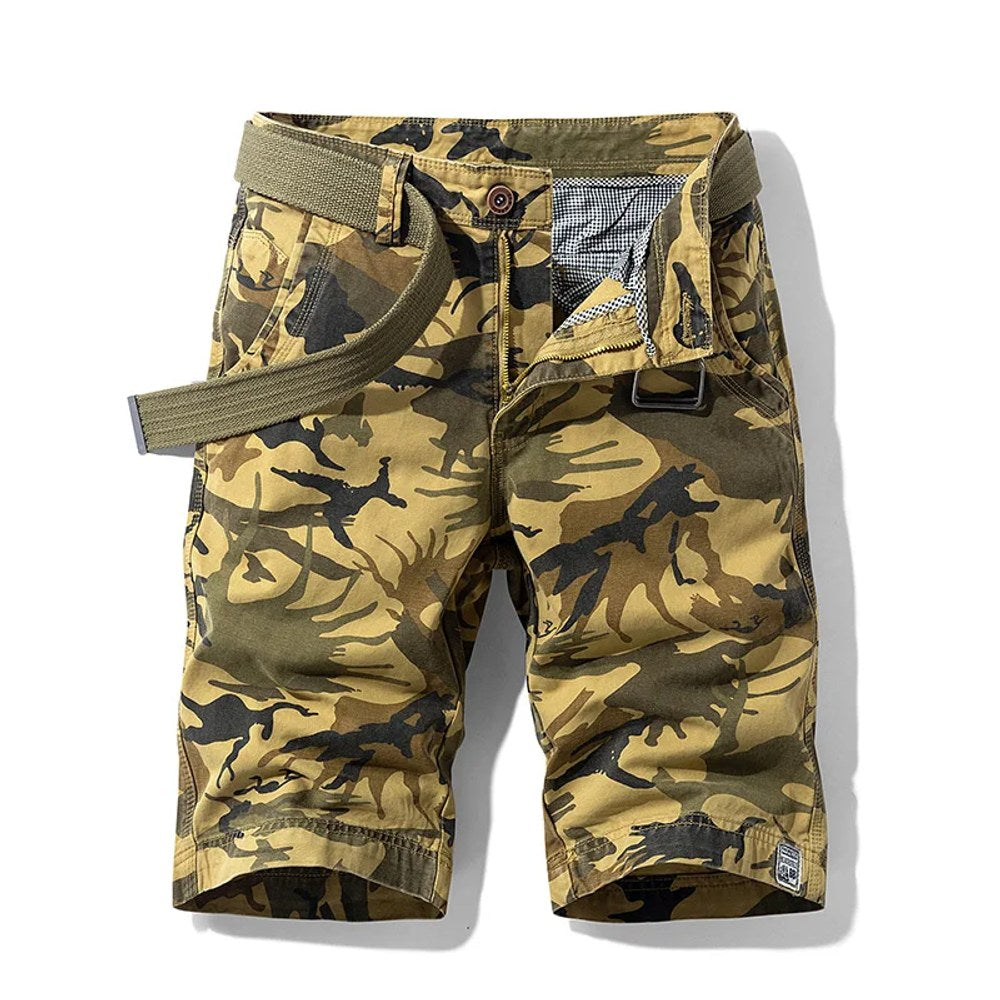 Men's cargo shorts in Khaki02: all-over sand and brown camouflage print, laid flat with a webbing belt