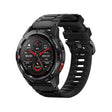Mibro GS Active GPS smartwatch in black with a black silicone strap, watch face showing weather, steps and heart rate