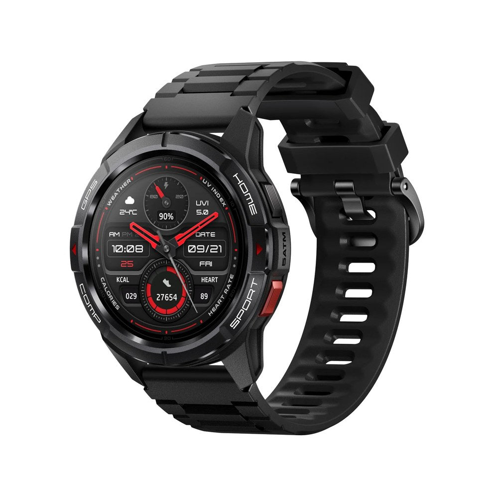 Mibro GS Active GPS smartwatch in black with a black silicone strap, watch face showing weather, steps and heart rate
