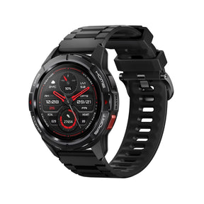 Mibro GS Active GPS smartwatch in black with a black silicone strap, watch face showing weather, steps and heart rate