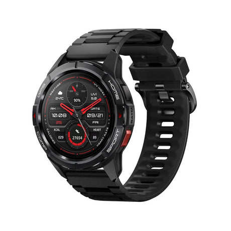 Mibro GS Active GPS smartwatch in black with a black silicone strap, watch face showing weather, steps and heart rate