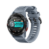 Mibro GS Active in grey with a grey-blue silicone strap and a digital watch face showing time, date and steps