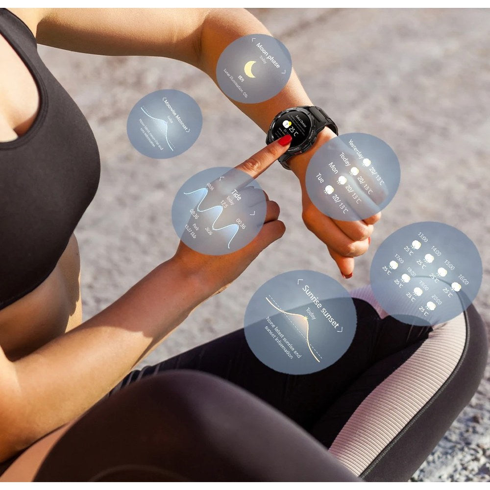 Mibro GS Active on a woman's wrist with weather, tide, moon phase and sunrise screens around it
