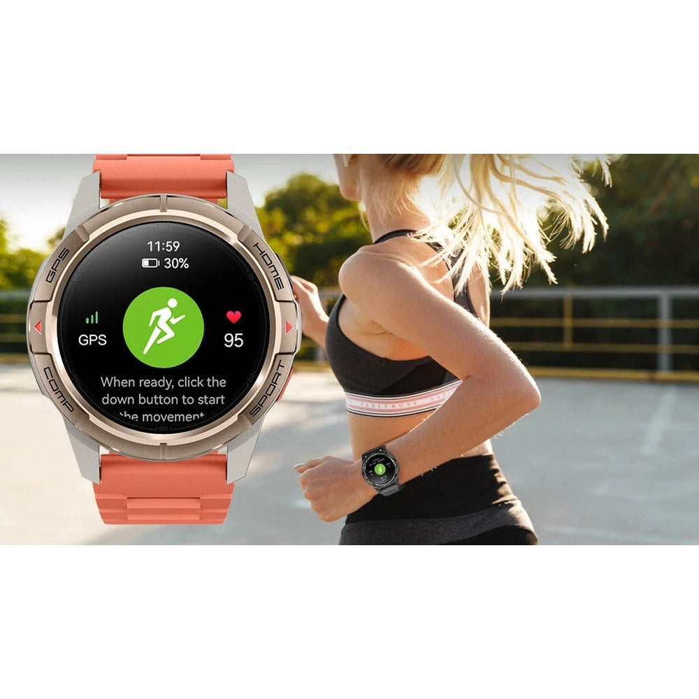 Woman running with the Mibro GS Active on her wrist, inset of the gold watch showing GPS and heart rate