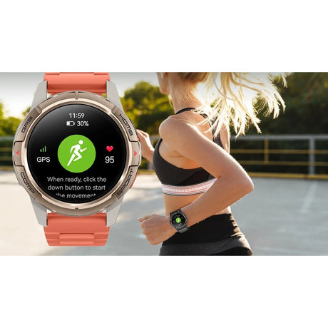 Woman running with the Mibro GS Active on her wrist, inset of the gold watch showing GPS and heart rate