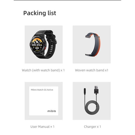 What comes in the box: Mibro GS Active watch with strap, woven strap, user manual and magnetic charging lead