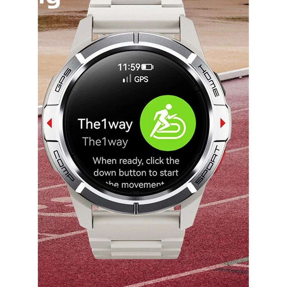 Mibro GS Active in white with a white silicone strap, screen showing a GPS workout ready to start